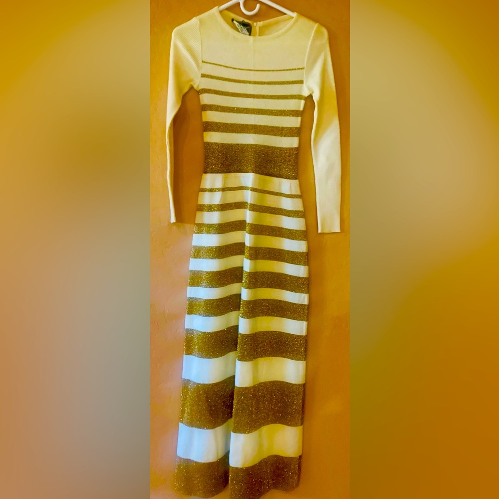 VTG 70s Crissa Linea Italiana Gold and cream striped, ribbed, size small Dress